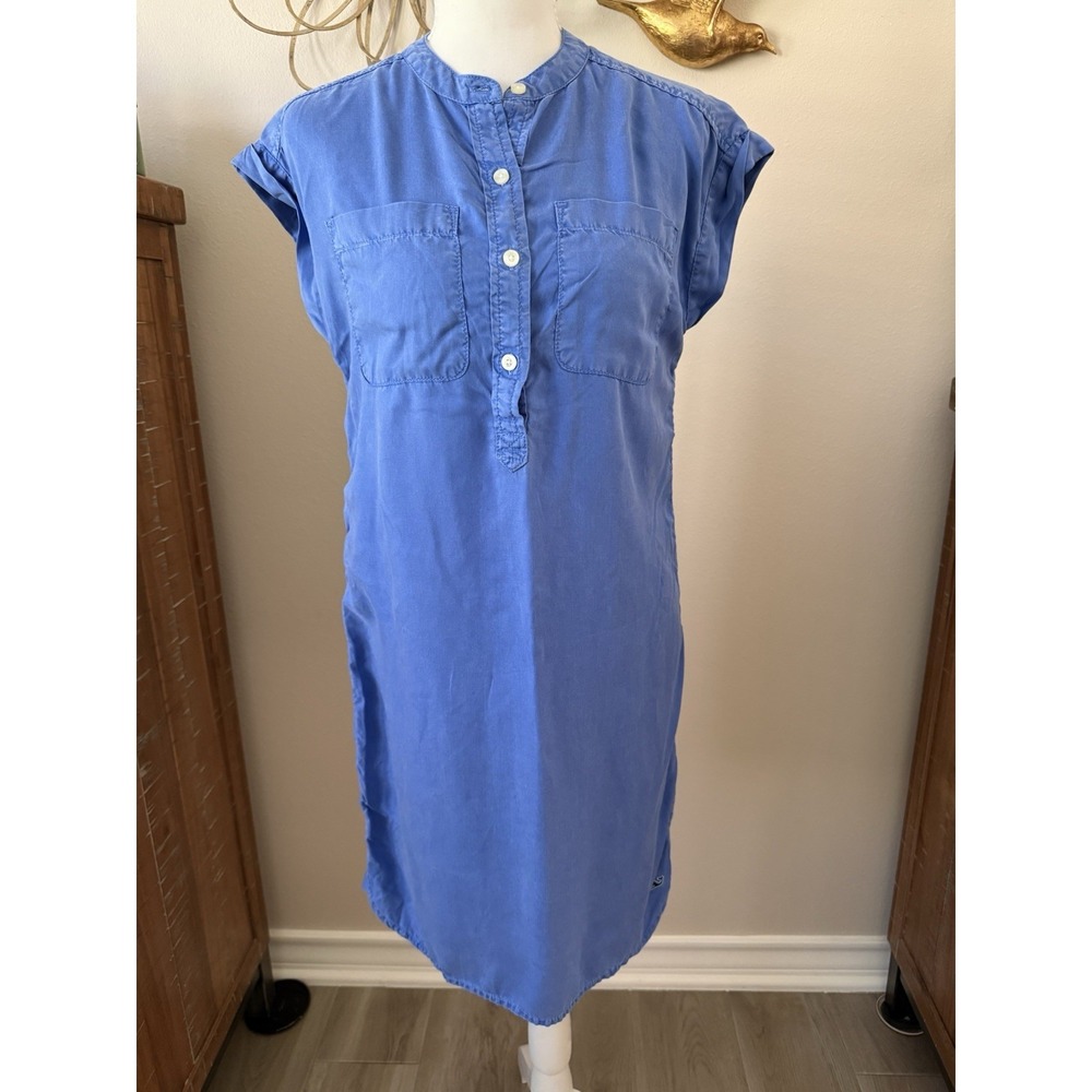 Vineyard Vines Shirt Dress Womens 2 Blue Tencel Popover Cap‎ Sleeve Whale Logo